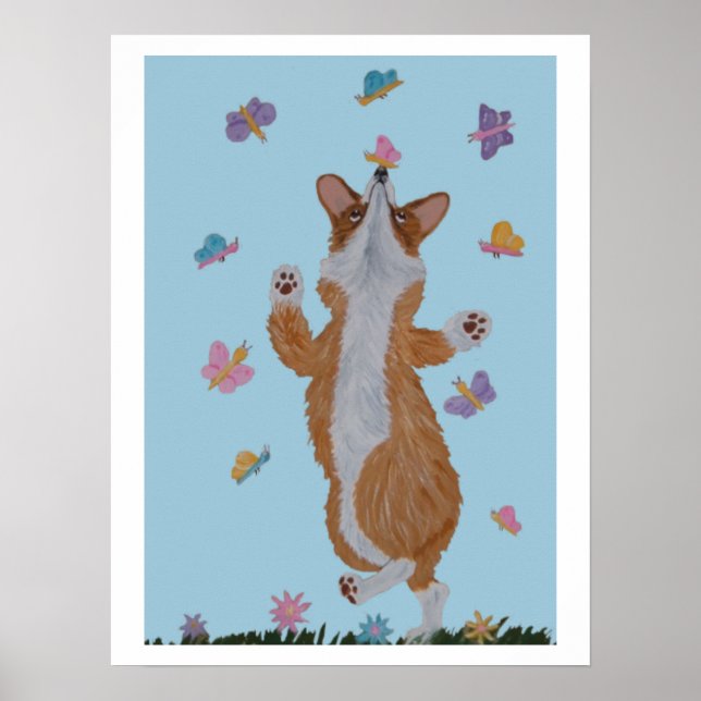 Póster Corgi galés bailando con mariposas (Frente)