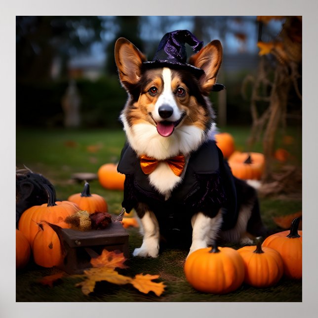 Póster Corgi galés cardigan en fiesta de Halloween (Frente)