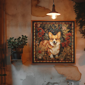 Póster Corgi galés en un jardín de flores victoriano