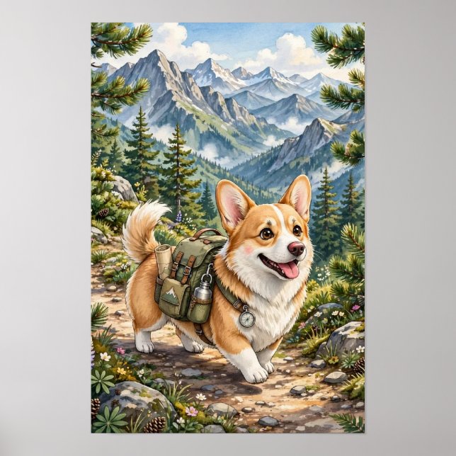 Póster Corgi Hiking In Mountains Acuarela   (Frente)