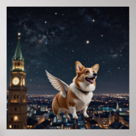 Póster Corgi lindo con alas que vuelan sobre un cielo urb