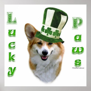 Póster Corgi Lucky Paws; regalo Corgi St Patrick's Day