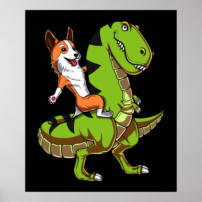 Póster Corgi Montando Perro Gracioso de Dinosaurio T-Rex (Frente)