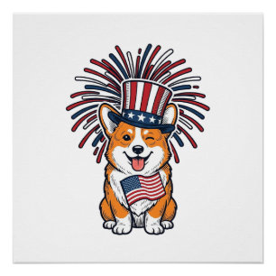 Póster Corgi Patriótico Fuegos Artificiales Diseño Vector