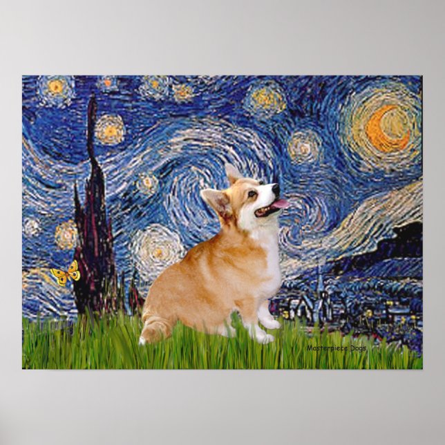 Póster Corgi Pembroke galés - Noche estrellada (Frente)