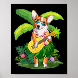 Póster Corgi Perro hawaiano & Piña Ukulele verano