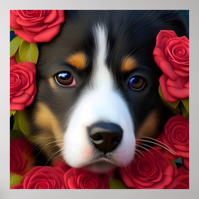 Póster Corgi Puppy en rosas rojas (Frente)