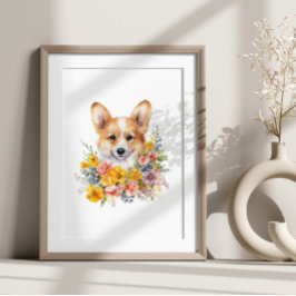 Póster Corgi Puppy Funny Mascota Flor acuarela