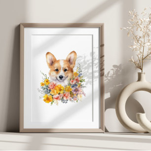 Póster Corgi Puppy Funny Mascota Flor acuarela