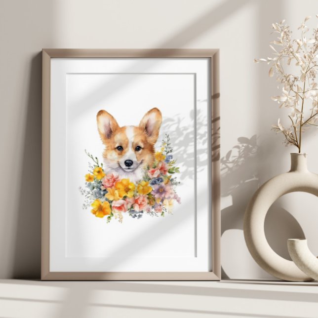 Póster Corgi Puppy Funny Mascota Flor acuarela (Subido por el creador)