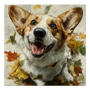Póster Corgi Sonriente Alegría de Otoño