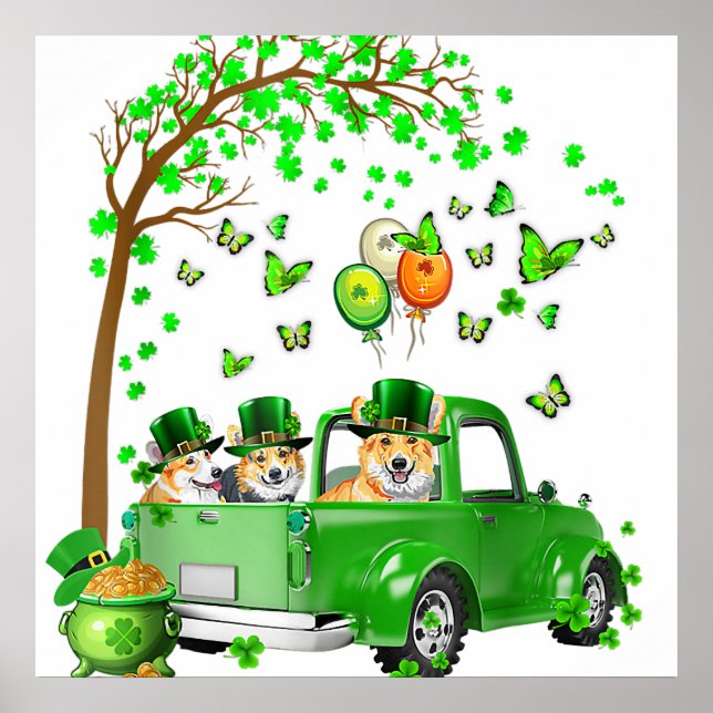 Póster Corgi St Patricks Día Camión Verde Debajo Del Árbo (Frente)