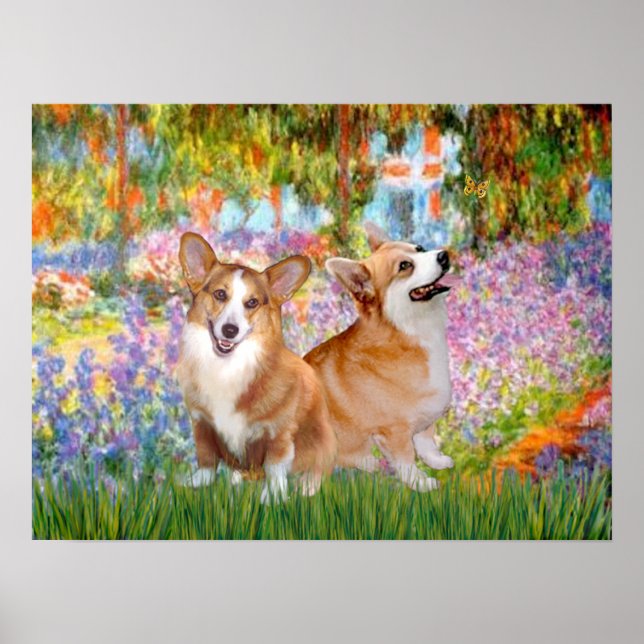 Póster Corgis galés (dos pembroke) -Jardín en Giverney (Frente)