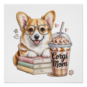 Póster Corgis Libros y Café Helado para Perro