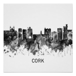 Póster Cork Ireland Skyline BW