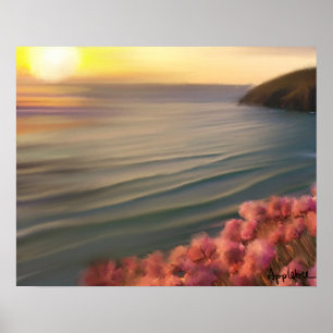 Póster Cornish cliffs and sea pinks at sunset