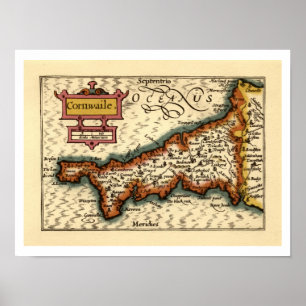 Póster Cornwall, Cornwaile County England Mapa Anticuario