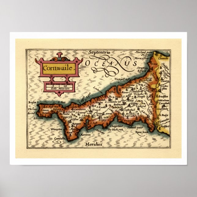 Póster Cornwall, Cornwaile County England Mapa Anticuario (Frente)