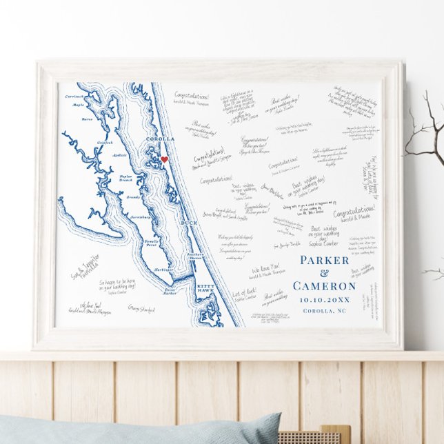 Póster Corolla NC Wedding Elegant Guest Book Poster (Corolla NC Map Elegant Wedding Guest Book Poster with Navy Blue OBX Map by Coastal Map Designs)