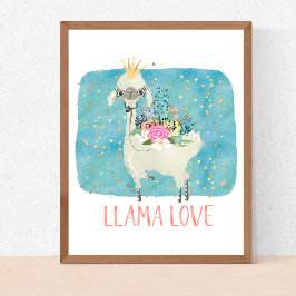 Póster Corona de amor de llama acuarela linda Kawaii ador