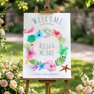 Póster Corona de bienvenida de boda tropical de playa