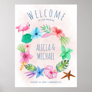 Póster Corona de bienvenida de boda tropical de playa