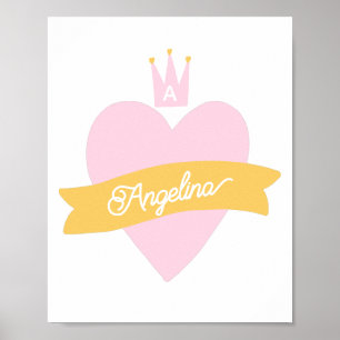 Póster Corona de corazón rosa monograma nombre princesa f