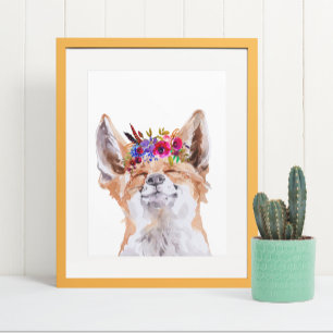 Póster Corona de flores floral Boho de zorro con acuarela