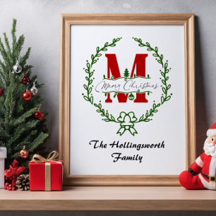 Póster Corona de monograma Feliz Navidad Personalizable