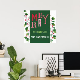 Póster Corona de Navidad en acuarela roja y verde