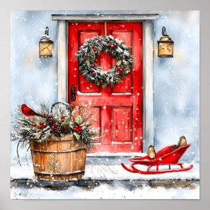 Póster Corona de Navidad roja vintage rústica para puerta