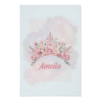 Póster Corona floral personalizada, arte de guardería