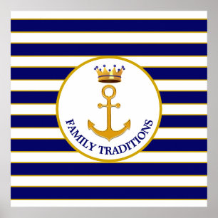 Póster Corona y ancla dorada en azul y blanco