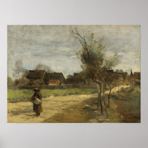 Póster Corot - Campesina en un camino con una vista