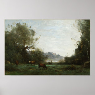 Póster Corot - Ganado en el pasto en un valle arbolado 18