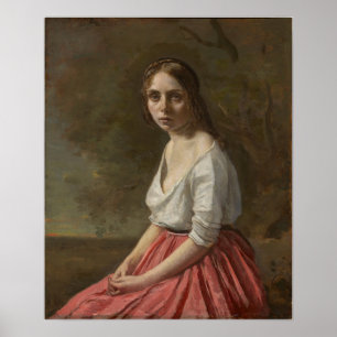 Póster Corot - Mujer joven con falda rosa 1845