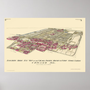 Póster Corrales mapa panorámico de Chicago, IL - 1890