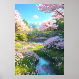 Póster Corriente Sakura, paraíso junto al puente