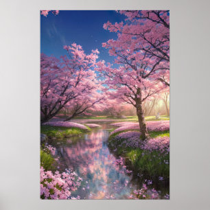 Póster Corriente serena y árboles sakura