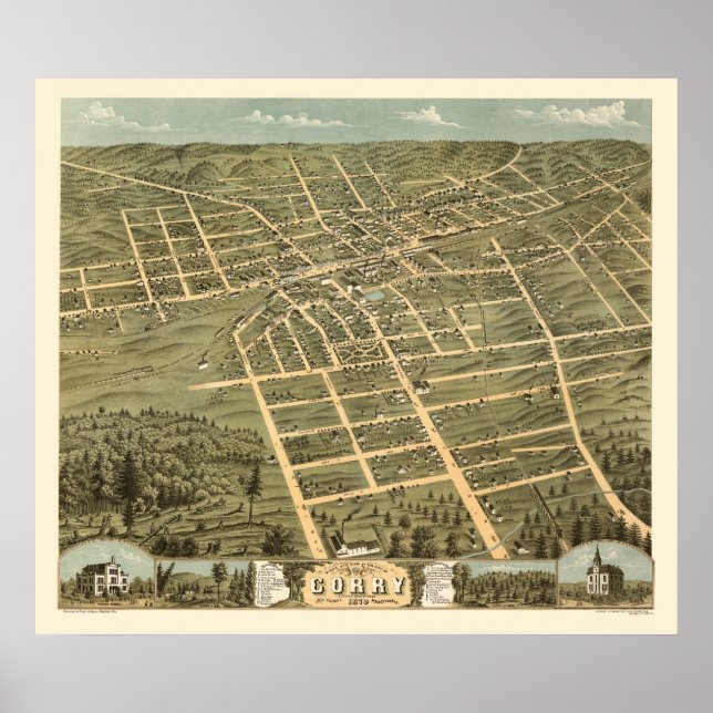Póster Corry, Mapa Panorámico PA - 1870 (Frente)