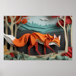 Póster Cortar el zorro de papel entre árboles