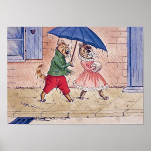 Póster Cortejo de gatos en la lluvia, Louis Wain