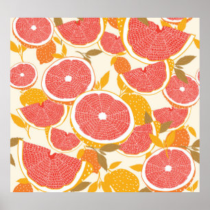 Póster Cortes de pomelo con hojas