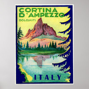 Póster Cortina D' Ampezzo, Dolomiti Alps, Italia, vintage