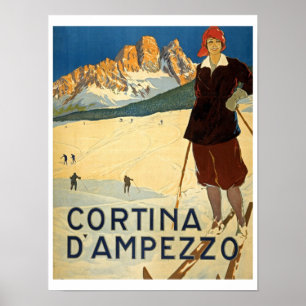 Póster Cortina D'Ampezzo, Italia, Viajes Retro, Esquí, Al