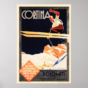 Póster CORTINA Dolomiti para esquiar Vintage ENIT Italia