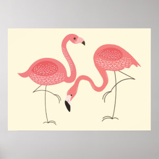 Póster Corto Par Rosa De Ilustracion Flamingos