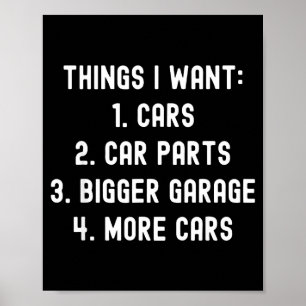 Póster Cosas que quiero, piezas de coche, divertido, homb