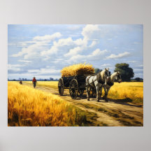 Cosecha de cereales con vagón de caballos