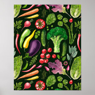 Póster Cosecha de huertos de verduras y hierbas en negro